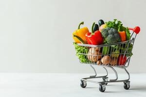 AI generated Generative AI, shopping cart with vegetables and fruit inside, healthy food concept, discount and sale. photo