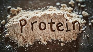 AI generated Generative AI, Whey protein powder with word Protein, sports nutrition, banner with copy space photo