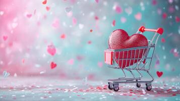 AI generated Generative AI, shopping cart with big heart inside, Valentine day concept, discount and sale. photo