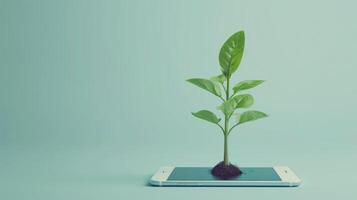 AI generated Generative AI, Plant growing from the smartphone screen. Ecology and environment concept photo