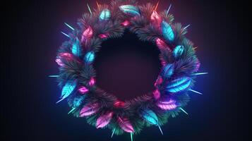 AI generated Generative AI, Christmas wreath in cyberpunk style, futuristic nostalgic 80s, 90s. Neon lights vibrant colors. photo