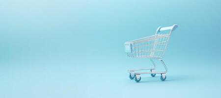 AI generated Generative AI, empty shopping cart on blue background, minimalistic shop online, free delivery, discounts and sale concept. photo