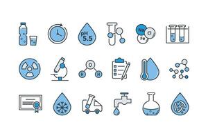 Water related line icon set in blue. Quality testing laboratory. Molecule, freezing point, bacterial,pollution, purification, certification, compliance vector illustration. Editable Strokes