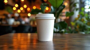 AI generated Generative AI, White paper cup on the table in the coffee shop interior, mug mock up blank. photo