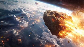 AI generated Generative AI, Asteroid is flying to the Earth, fired meteor, impact Earth photo