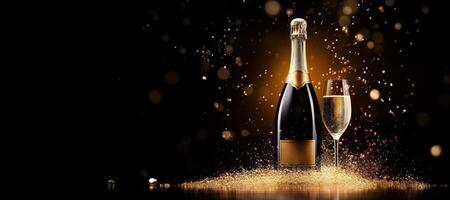 AI generated Generative AI, Golden champagne bottle mockup with glass on dark background, golden lights and confetti photo