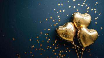 AI generated Generative AI, Foil golden balloons in heart shape and confetti for Valentine's day or wedding with copy space photo