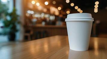 AI generated Generative AI, White paper cup on the table in the coffee shop interior, mug mock up blank. photo