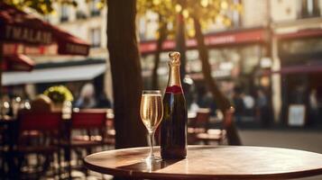 AI generated Generative AI, glass of champagne and bottle on wooden table with blur background with lights of street bar, cafe, coffee shop or restaurant, drink mock up photo