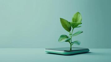 AI generated Generative AI, Plant growing from the smartphone screen. Ecology and environment concept photo