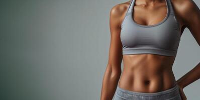 AI generated Generative AI, Sporty woman with great abdominal muscles shows stomach in sportswear on neutral background photo