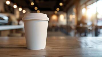 ai generado generativo ai, blanco papel taza en el mesa en el café tienda interior, jarra burlarse de arriba blanco. foto