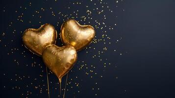 AI generated Generative AI, Foil golden balloons in heart shape and confetti for Valentine's day or wedding with copy space photo