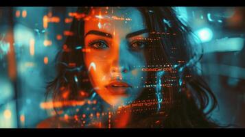 ai generado generativo ai, modelo mujer retrato en cyberpunk estilo, foto con dañado granoso textura