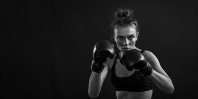 ai generado generativo ai, mujer formación boxeo vistiendo boxeo guantes, hembra Boxer foto