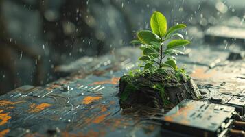 AI generated Generative AI, Plant growing from the circuit board. Ecology and environment concept photo