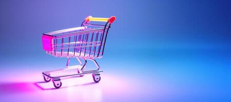 AI generated Generative AI, shopping cart on neon gradient background, 80s and 90s style, minimalistic shop online, free delivery, discounts and sale concept. photo