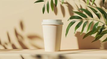 AI generated Generative AI, White paper cup on the table in the coffee shop interior, mug mock up blank. photo