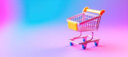 AI generated Generative AI, shopping cart on neon gradient background, 80s and 90s style, minimalistic shop online, free delivery, discounts and sale concept. photo