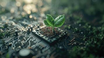 AI generated Generative AI, Plant growing from the circuit board. Ecology and environment concept photo