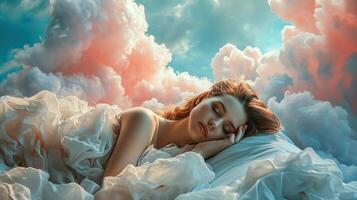 ai generado generativo ai, joven mujer son dormido rodeado por mullido algodonero rosado nubes en el cielo foto
