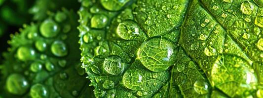 ai generado generativo ai, macro textura de verde hoja con agua gotas, verde follaje textura, ecología antecedentes foto