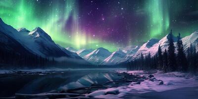 AI generated Generative AI, Green and pink northern lights above snowy mountains, winter landscape, aurora and reflection on the water surface photo