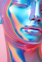 AI generated Generative AI, woman face in iridescent colors liquid, fluid, futuristic alien style, closeup photo