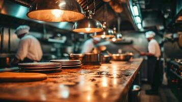 ai generado generativo ai, ocupado cocineros trabajando en el restaurante cocina , borroso antecedentes foto