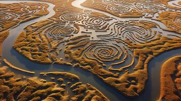 ai generado generativo ai, aéreo ver de laberinto vías fluviales, zumbido foto, hermosa paisaje foto