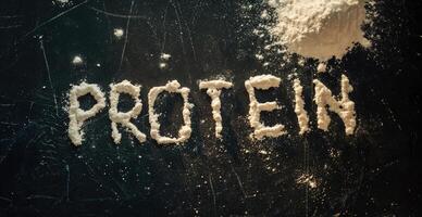 AI generated Generative AI, Whey protein powder with word Protein, sports nutrition, banner with copy space photo