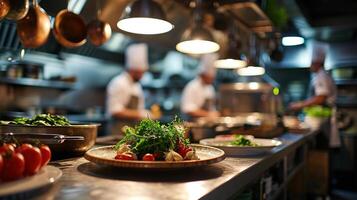 ai generado generativo ai, ocupado cocineros trabajando en el restaurante cocina , borroso antecedentes foto