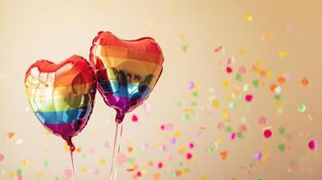 AI generated Generative AI, Foil LGBT rainbow flag colors balloons in heart shape and confetti for Valentine's day or wedding with copy space photo