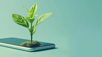 AI generated Generative AI, Plant growing from the smartphone screen. Ecology and environment concept photo