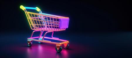 AI generated Generative AI, neon shopping cart on dark background, 80s and 90s style, minimalistic shop online, free delivery, discounts and sale concept. photo