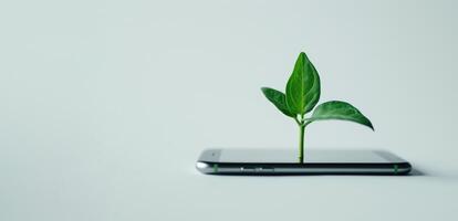 AI generated Generative AI, Plant growing from the smartphone screen. Ecology and environment concept photo