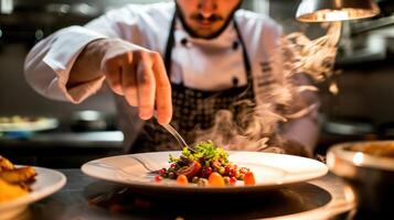 ai generado generativo ai, cocinero es Cocinando con humeante caliente cacerola, ocupado restaurante cocina foto