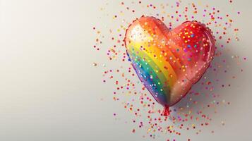 AI generated Generative AI, Foil LGBT rainbow flag colors balloons in heart shape and confetti for Valentine's day or wedding with copy space photo