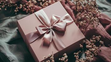 AI generated Generative AI, Valentine's Day gift box with decoration close up, muted colors, holiday photorealistic aesthetic background photo