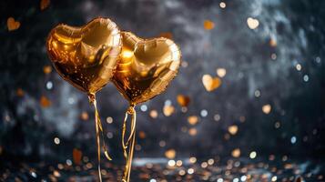 AI generated Generative AI, Foil golden balloons in heart shape and confetti for Valentine's day or wedding with copy space photo