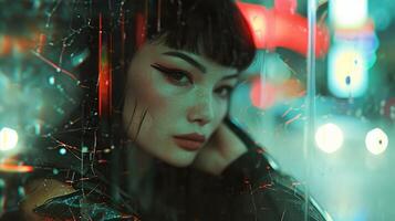 ai generado generativo ai, modelo mujer retrato en cyberpunk estilo, foto con dañado granoso textura