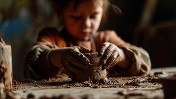 ai generado generativo ai, niño manos con arcilla haciendo de un cerámico maceta en el cerámica taller estudio, pasatiempo y ocio concepto foto