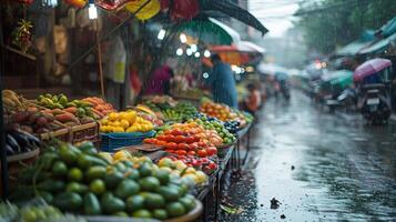 ai generado generativo ai, tradicional oriental asiático mercado con frutas y vegetales debajo el lluvia con paraguas foto