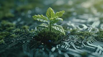 AI generated Generative AI, Plant growing from the circuit board. Ecology and environment concept photo