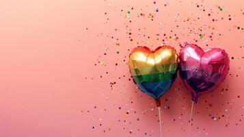 AI generated Generative AI, Foil LGBT rainbow flag colors balloons in heart shape and confetti for Valentine's day or wedding with copy space photo