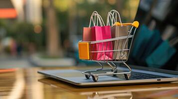 AI generated Generative AI, shopping cart with shopping bags standing on laptop keyboard, shop online, free delivery, discounts and sale concept. photo