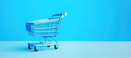 AI generated Generative AI, empty shopping cart on blue background, minimalistic shop online, free delivery, discounts and sale concept. photo