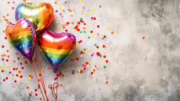 AI generated Generative AI, Foil LGBT rainbow flag colors balloons in heart shape and confetti for Valentine's day or wedding with copy space photo