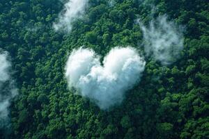 ai generado generativo ai, verde bosque con corazón forma, hermosa paisaje con blanco nubes, ambiente amor planeta concepto foto