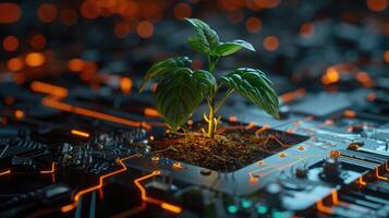 AI generated Generative AI, Plant growing from the circuit board. Ecology and environment concept photo